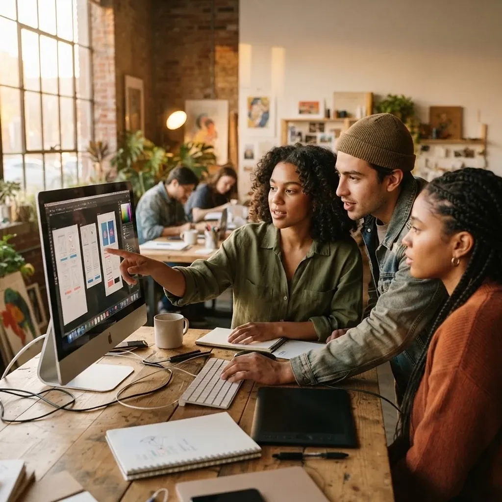 Emerging creators collaborating around a digital design workstation