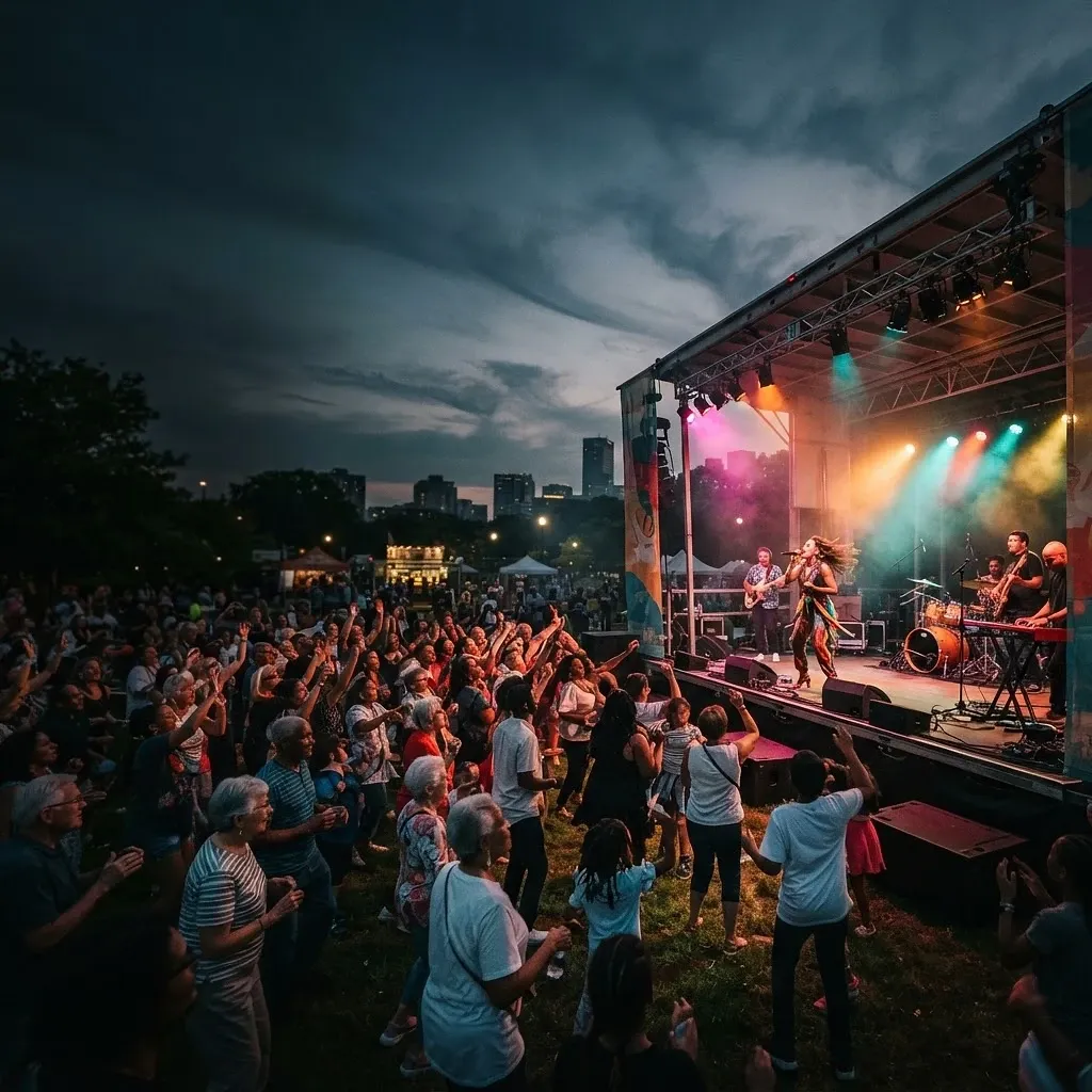 A diverse community shares a live music performance at an outdoor festival