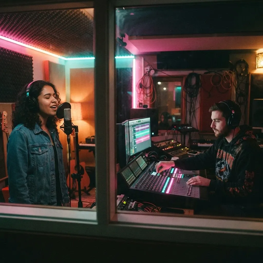 An artist recording original music in a community studio