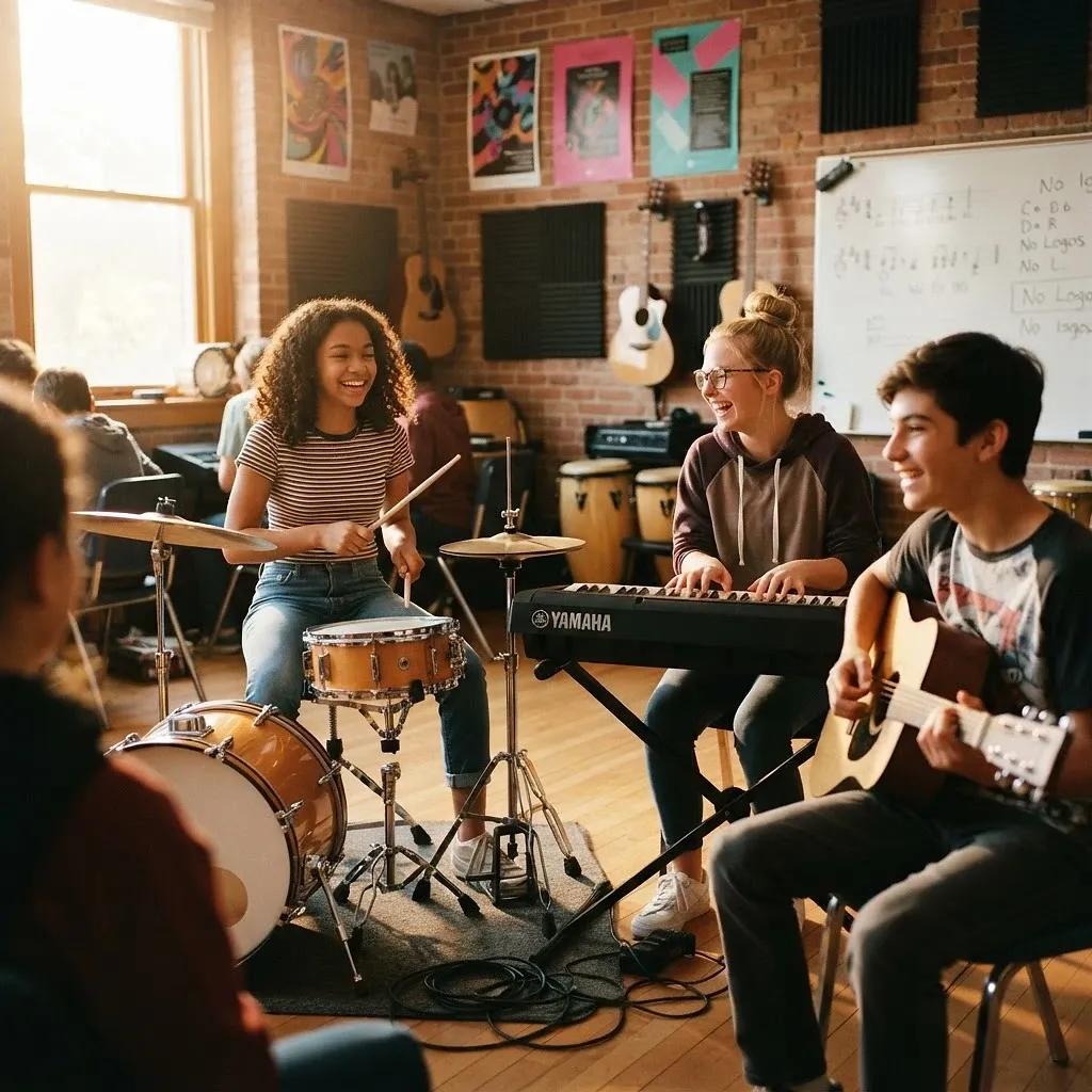 Young musicians learning together in a community music room